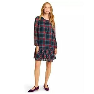 Draper James Plaid Long-Sleeve Tie-Neck Ruffle Hem Holiday Dress Red & Green XS